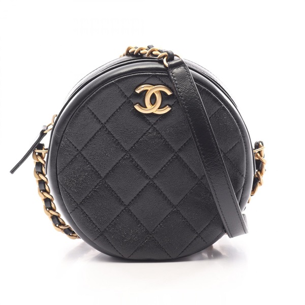 CHANEL Matelasse Round Mini Chain Shoulder Bag leather Black Used Women GHW