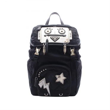 PRADA Robot motif Rucksack Backpack Nylon leather Black Silver White Used Women