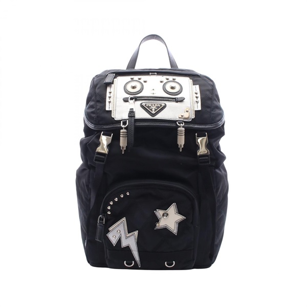PRADA Robot motif Rucksack Backpack Nylon leather Black Silver White Used Women