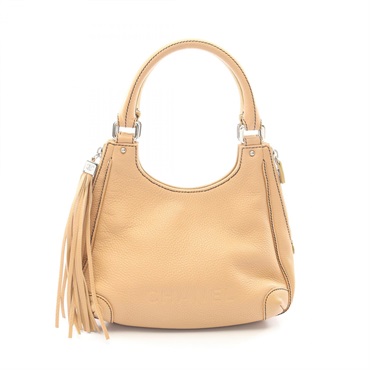 CHANEL Logo fringe Handbag Grained Calfskin leather Beige SHW Used Women Coco CC