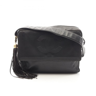 CHANEL COCO Mark Shoulder Bag Lamb sheep leather Black Used Women GHW CC