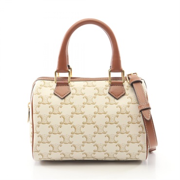 CELINE Triomphe Shoulder Crossbody Handbag canvas leather Beige Brown Used Women