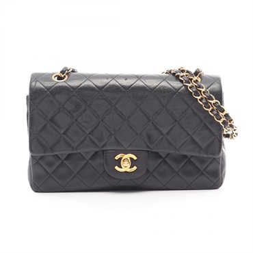 CHANEL Matelasse W flap Chain Shoulder Bag Lamb sheep leather Black Used GHW CC