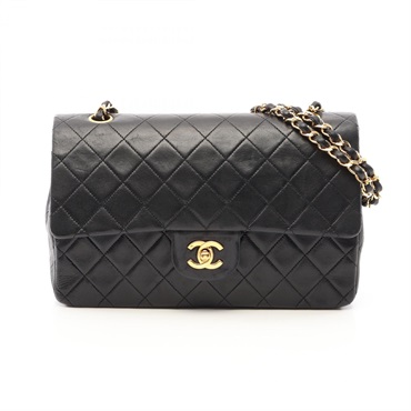 CHANEL Matelasse W flap Chain Shoulder Bag Lamb sheep leather Black Used GHW CC