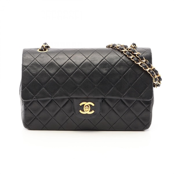 CHANEL Matelasse W flap Chain Shoulder Bag Lamb sheep leather Black Used GHW CC