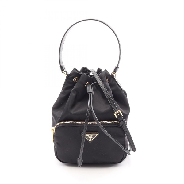 PRADA Duet Re-Nylon Bucket Crossbody Handbag 1BH038 Saffiano leather Black Used