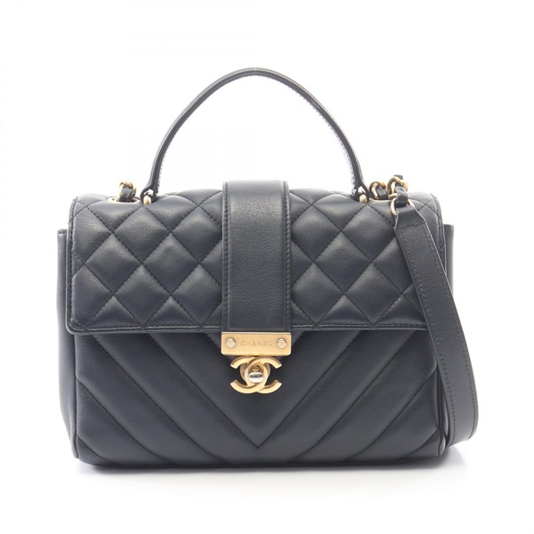 CHANEL Matelasse V-stitch Chain Shoulder Hand Bag leather Navy Used Women GHW CC