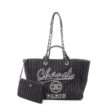 CHANEL Deauville Chain Shoulder Tote Bag A66941 canvas leather Black White Used