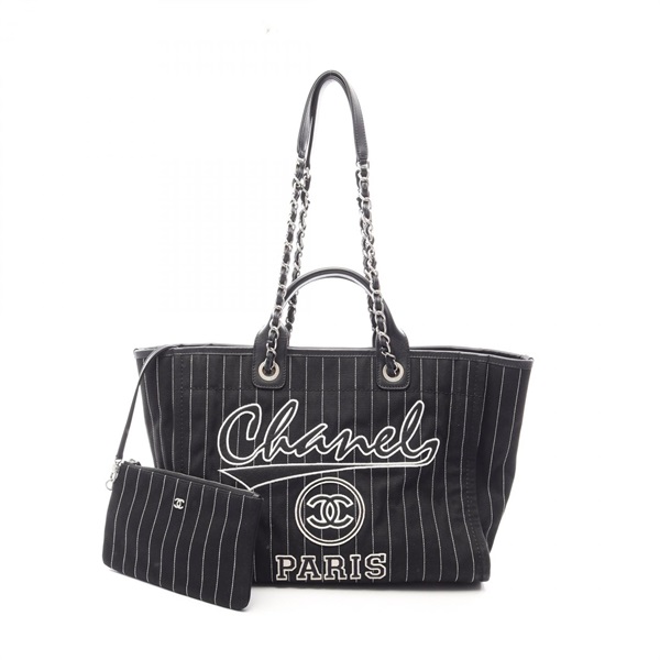 CHANEL Deauville Chain Shoulder Tote Bag A66941 canvas leather Black White Used