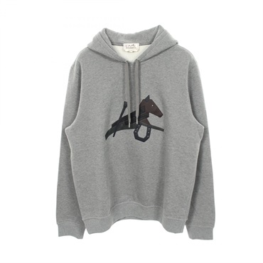 HERMES PUZZLE EQUESTRE Leather Patch Fleece Lined Hoodie #M cotton Gray Used