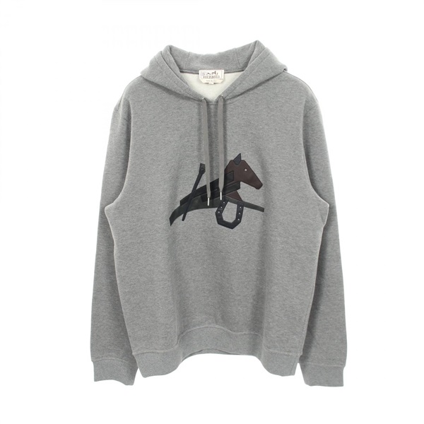 HERMES PUZZLE EQUESTRE Leather Patch Fleece Lined Hoodie #M cotton Gray Used
