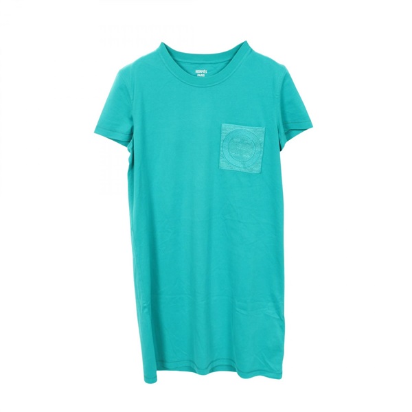 HERMES long T-shirt embroidered pocket Dress #36 4E4515DA cotton Green Used