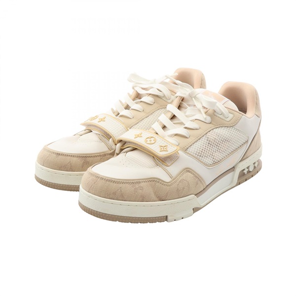 LOUIS VUITTON LV trainer line sneakers shoes #8.5 leather Fabric White Beige