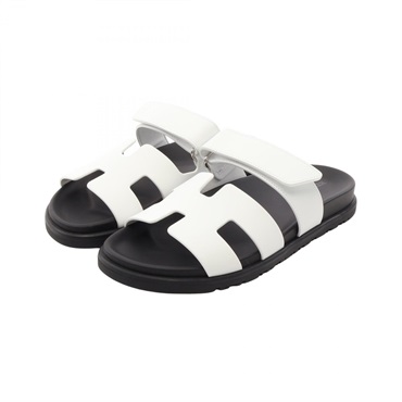 HERMES Shipre Sandals Flat Shoes #36.5 H222100Z 90340 leather White Black Women