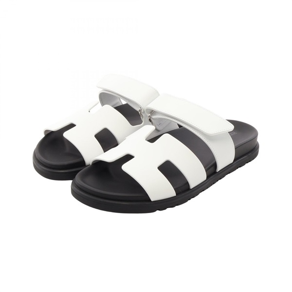 HERMES Shipre Sandals Flat Shoes #36.5 H222100Z 90340 leather White Black Women