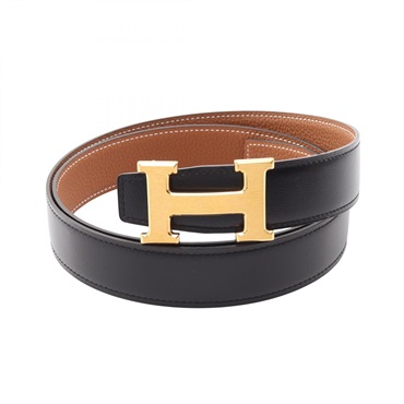 HERMES Constance H Belt Ceinture Calf Togo leather Black Brown GHW Used W #100