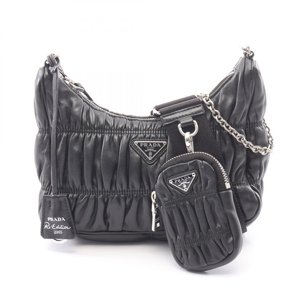 PRADA Re-Edition 2005 Triangle logo Chain Shoulder Handbag leather Black Used
