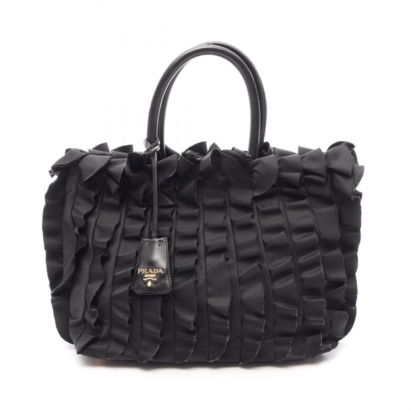 PRADA Frill Tote hand Bag Nylon leather Black Used Women