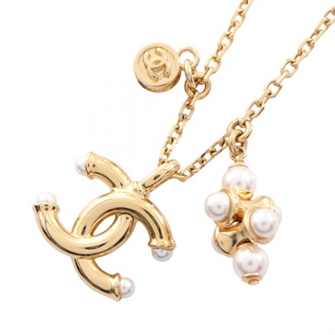 CHANEL COCO Mark Artificial Pearl Necklace Pendant Gold Plated White Used Women