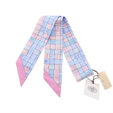 HERMES Twilly Bolduc au Carre Ribbon Scarf Wrap silk Blue Pink Multicolor Used