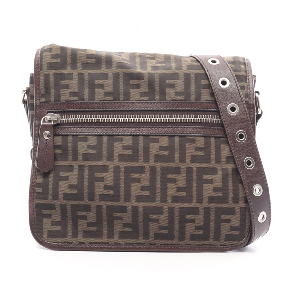 FENDI Zucca Shoulder Crossbody Bag 7VA230 canvas leather Black Khaki Used unisex