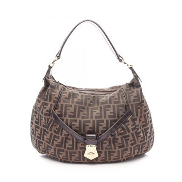 FENDI Zucca Shoulder Handbag canvas leather Brown Black GHW Used Women FF
