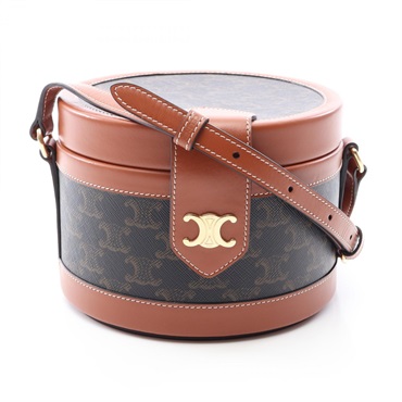 CELINE Tambour Medium Triomphe Shoulder Crossbody Bag canvas leather Black Used