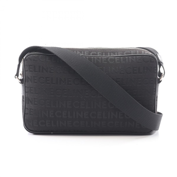 CELINE Logo Embroidery Shoulder Crossbody Bag canvas leather Black Used Women
