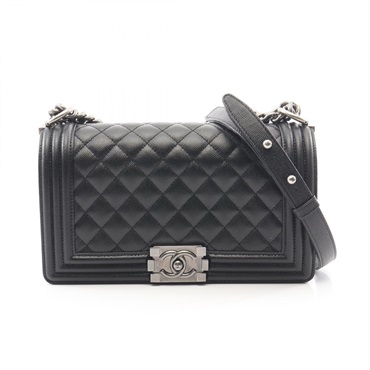 CHANEL Boy chanel chain Shoulder hand Bag A67086 leather Black Used Women SHW