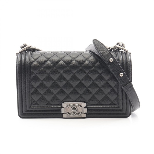 CHANEL Boy chanel chain Shoulder hand Bag A67086 leather Black Used Women SHW