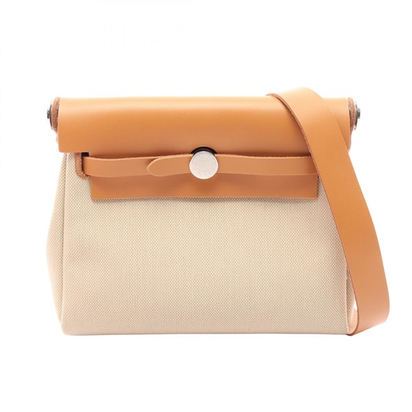 HERMES Herbag Zip Mini Shoulder Crossbody Bag canvas leather Beton Brown Used K