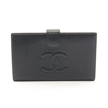CHANEL COCO Mark Bifold purse wallet Grained Calfskin leather Black Used GHW