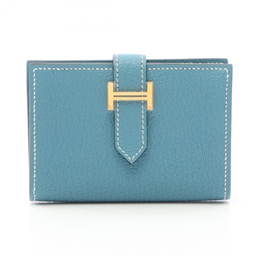 HERMES Bearn Mini Card Case Holder Chevre leather Blue Jean GHW Used Women W