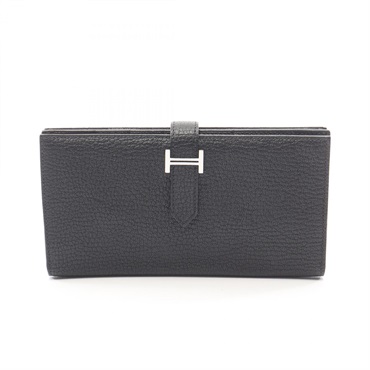 HERMES Bearn Soufflet Bifold Purse Wallet Chevre leather Black SHW Used Women B