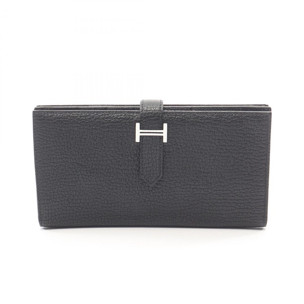 HERMES Bearn Soufflet Bifold Purse Wallet Chevre leather Black SHW Used Women B