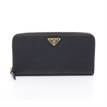 PRADA Triangle logo Around Long wallet leather Black Used Women