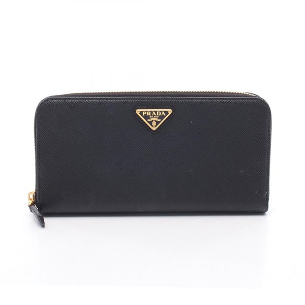 PRADA Triangle logo Around Long wallet leather Black Used Women