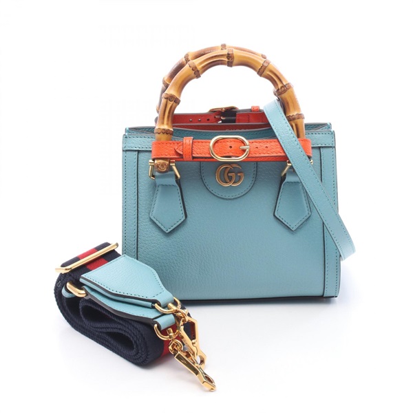 GUCCI Diana Mini Bamboo shoulder crossbody tote Bag 702732 leather Blue Used