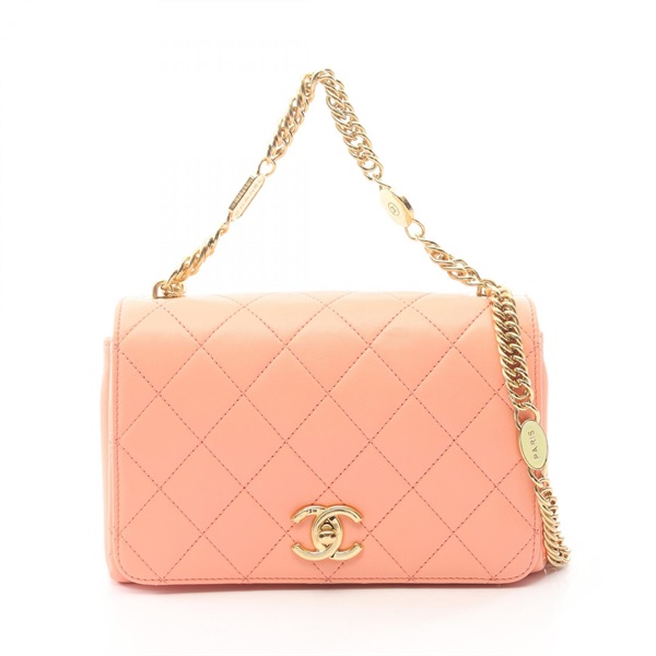 CHANEL Matelasse chain Shoulder hand Bag Lambskin Orange Used Women GHW