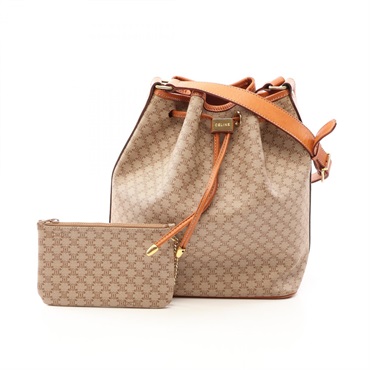 CELINE Macadam Drawstring Shoulder hand Bag canvas leather Beige Brown Used