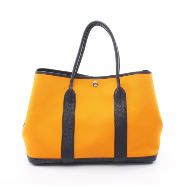 HERMES Garden Party PM Tote Handbag canvas leather jaune d'orge Navy SHW Used X