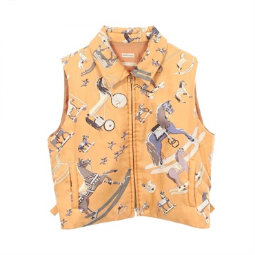 HERMES Raconte moi Le Cheval Zip-up Padded Jacket Vest silk Orange Used size XL