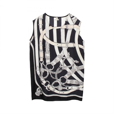 HERMES CAVALCADOUR Sleeveless Tunic Dress silk #36 Navy White Used Women