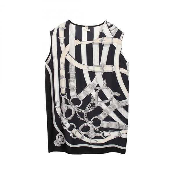 HERMES CAVALCADOUR Sleeveless Tunic Dress silk #36 Navy White Used Women