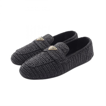 PRADA Crochet Triangle logo Flat Loafers Shoes #36 Fabric Black Preowned Women
