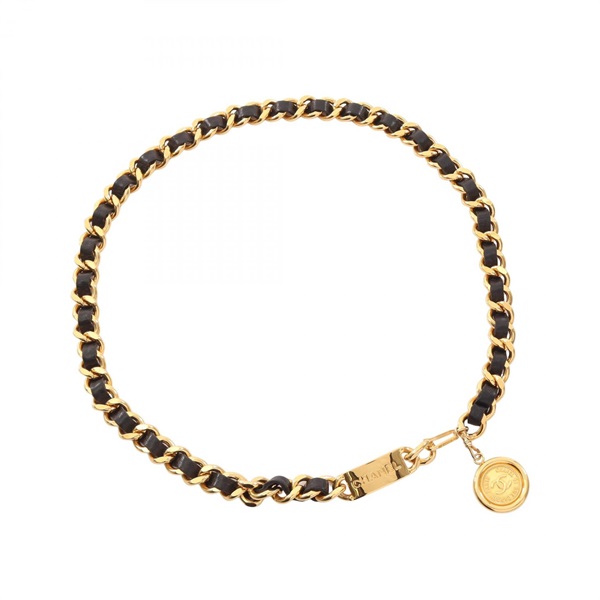 CHANEL COCO Mark Chain Belt Ceinture leather Gold Plated Black Used Women CC