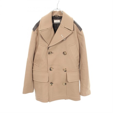 HERMES Panel Pea Coat Jacket #48 wool leather Beige Brown Used mens