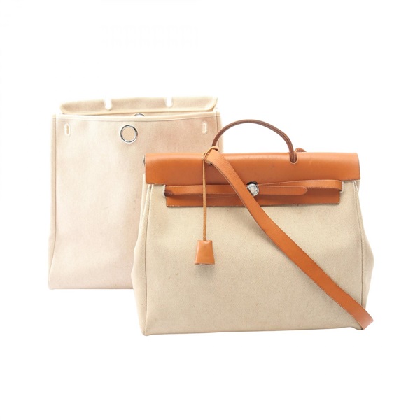 HERMES Herbag MM SHoulder Handbag Toile H canvas leather Natural Ecru SHW Used D