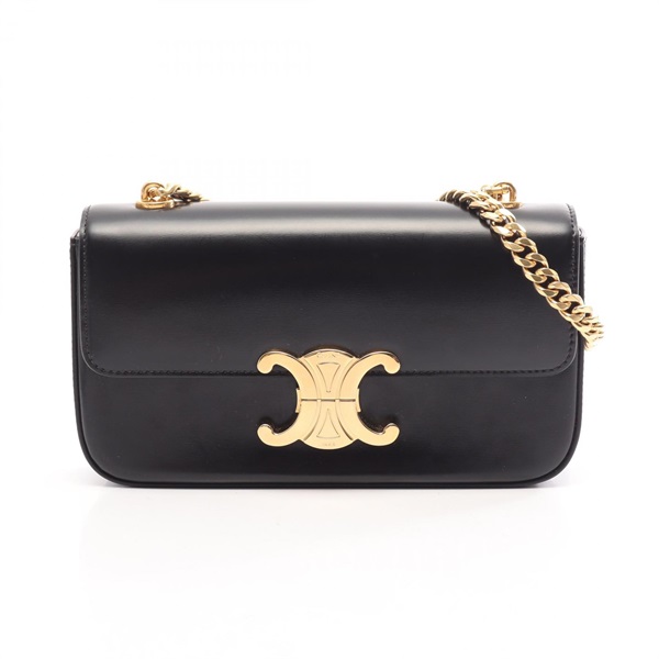 CELINE Claude Triomphe Chain Shoulder Bag leather Black GHW Used Women