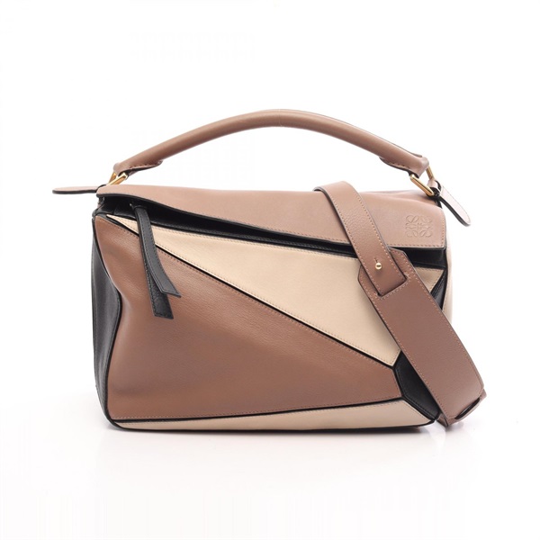 LOEWE Puzzle Medium shoulder crossbody Handbag leather Brown Beige Black Used